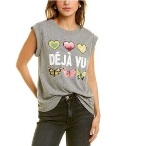 Cinq a Sept Deja Vu Tank Roll Sleeve Top Heather Gray Embroidered Size Small